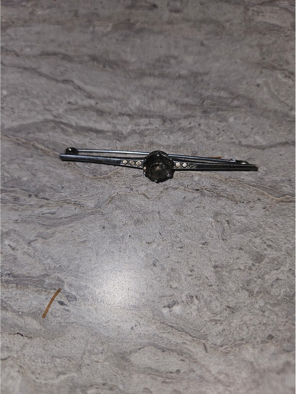 Vintage Silver-Tone Bar Pin Brooch with Black Stone and Clear Rhinestones